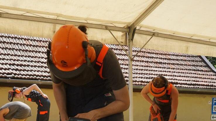 Mit der Kettensäge wurden die Fichtenstämme zunächst in Form gebracht. Foto: Marion Eckert