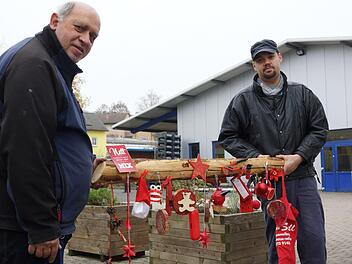 Hauptsache rot: Armin Kochaneck und Enrico Väth zeigen, was alles am Weihnachtsbaum auf dem Viehmarkt hängen könnte.Foto: Arkadius Guzy
