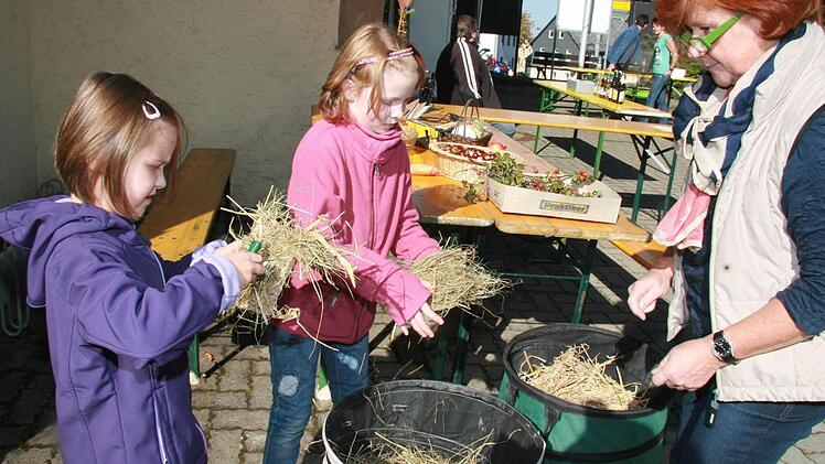 "Man muss ganz viel Stroh mit Draht festwickeln", erklärte Alina Hildner (6), und Lena Feulner (7) machte  das auch. Sie bastelten mit Beate Sigmund einen Strohdrachen, verziert mit Kastanien und Hagebutten.