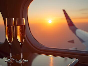 An Bord eines Privatflugzeugs stehen auf dem Tisch zwei Champagnergläser vor einem hellen Sonnenuntergang und einer Tragfläche des Flugzeugs.Champagner in einem Flugzeug vor dem Hintergrund des Sonnenuntergangs. On board a private plane on the table are two champagne glasses against a bright sunset and a wing of the aircraft.Champagne on an airplane against the background of sunset.