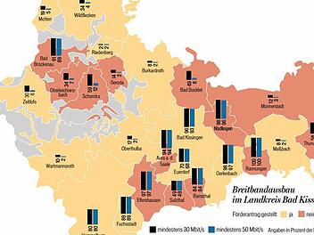 Die Grafik zeigt den Anteil der Haushalte mit den Mindestgeschwindigkeiten 30 und 50 Megabit pro Sekunde und ob ein Förderantrag gestellt ist. Die Erhebung wurde Ende 2014 gemacht, neuere Daten dazu gibt es nicht.