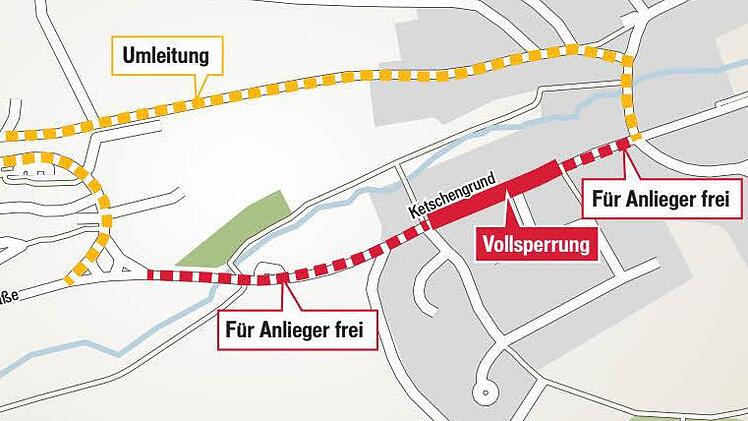 Die Umleitungsstrecke für die Vollsperrung in Seidmannsdorf führt über die Seidmannsdorfer Straße und die Albrecht-Dürer-Straße.  Grafik: Carolin Höfler