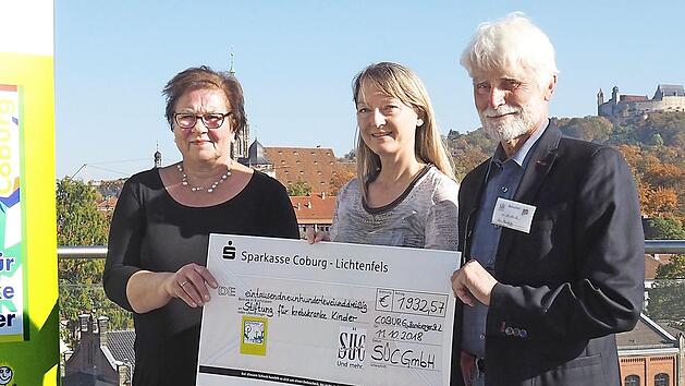 Spenden&uuml;bergabe mit Uwe Rendigs (rechts), Angelika Reng (Mitte) und Regina B&aacute;tyi von den S&Uuml;C  Foto: S&Uuml;C / C. Winter