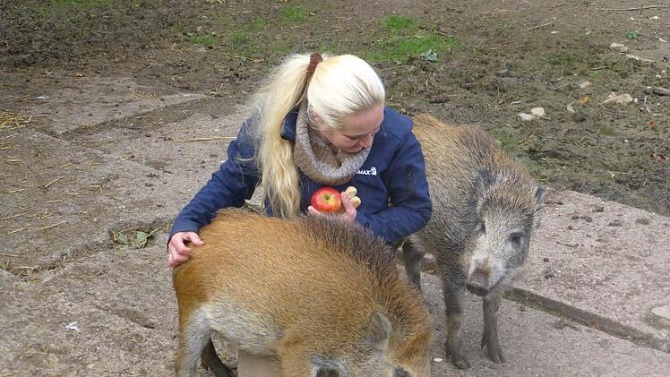 TI-Vorsitzende Britta Merkel schmuste gerne mal mit den beiden Wildschweindamen. Foto: Karin Kraus