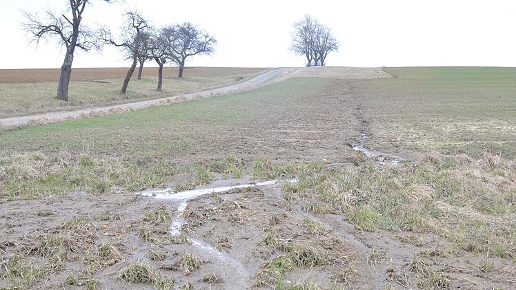 Eine Erosionsrinne zeigt, wo Boden abtransportiert wurde, der dann im Grünstreifen unten aufgefangen wurde.