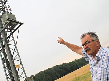 Joachim Drescher deutet auf die Stelle im Transformator, in der ein junger Turmfalke so unglücklich reingeflogen ist, dass er mit seinen Flügeln beide Drähte berührt hat.gst