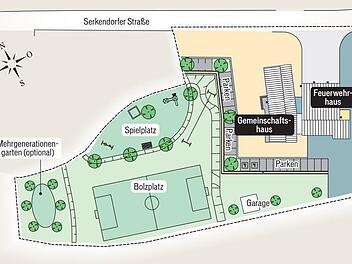 Das geplante Gemeinschaftshaus in Uetzing mit Außenanlagen Grafik: Dagmar Klumb / Vorlage: Stadt Bad Staffelstein
