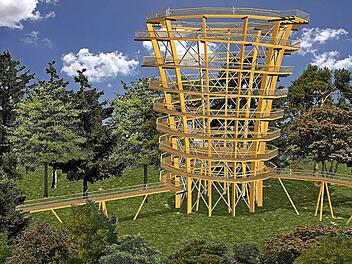 So hat die bisherige Planung für den Ebracher Baumwipfelpfad - mit Aussichtsturm - ausgesehen. Grafik: Architekt Josef Stöger