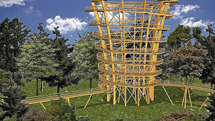 So hat die bisherige Planung für den Ebracher Baumwipfelpfad - mit Aussichtsturm - ausgesehen. Grafik: Architekt Josef Stöger