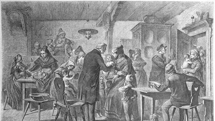 Eine Impfstube in Franken, gezeichnet und beschrieben von Rudolph Geissler 1867 in der Zeitschrift "Die Gartenlaube"  Repro.C. Tangermann