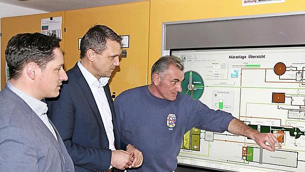 Andreas Zacherl vom GBI Herzogenaurach, B&uuml;rgermeister Ludwig Wahl un d der technische Leiter der Gemeinde R&ouml;ttenbach, Heinz Weber, (von links) schauen sich in der Kl&auml;ranlage den Weg des Abwassers auf einer Schalttafel an. Foto: Sylvia Hubele