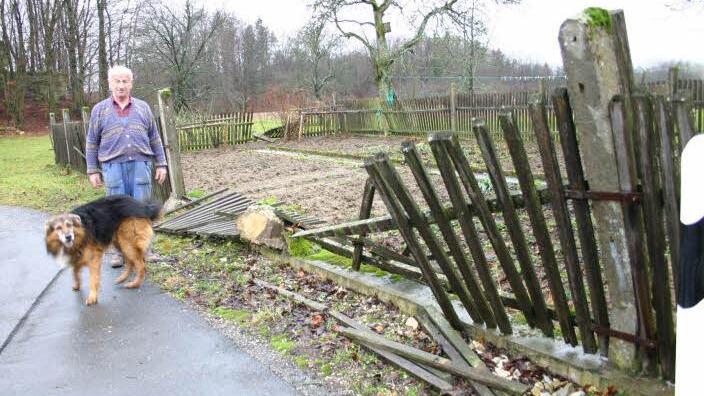 Im Januar 2007 hat "Kyrill" den Gartenzaun von Landwirt Hans Neuner bei Sorg (Gemeinde Obertrubach) plattgewalzt. Foto: Josef Hofhbauer