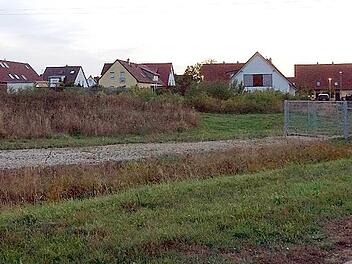 Am Rande des eingezäunten Regenrückhaltebeckens wird Gewoland die Wohnanlage errichten. Dabei muss die Freileitung berücksichtigt werden.