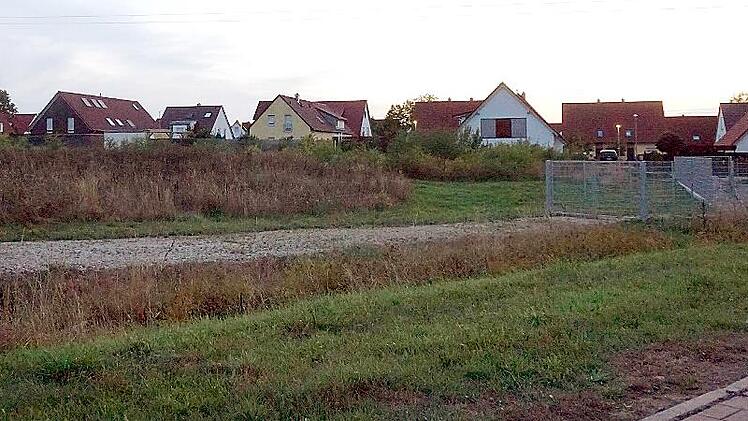 Am Rande des eingezäunten Regenrückhaltebeckens wird Gewoland die Wohnanlage errichten. Dabei muss die Freileitung berücksichtigt werden.