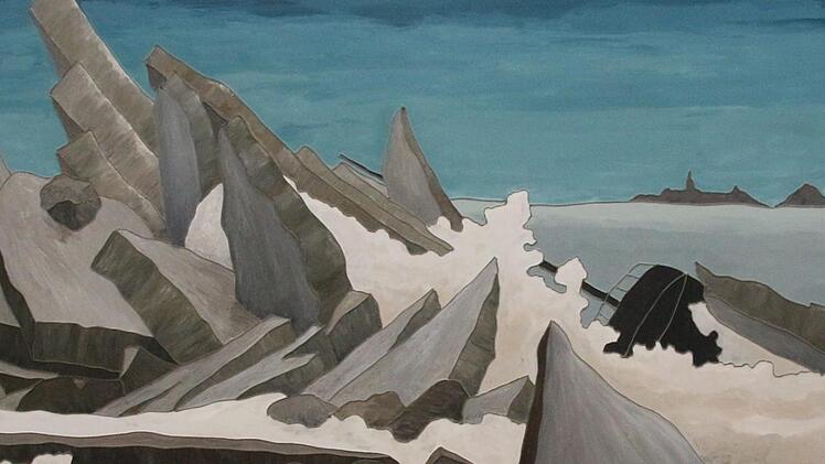 Sven Drühls  abgehobene Landschaften, rechts aus Neonlicht-Röhren. Carolin Herrmann