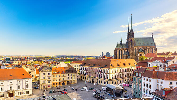 Cathedral of St Peter and Paul in Brno, Moravia, Czech Republic with town square during sunny day. Famous landmark in South Moravia.