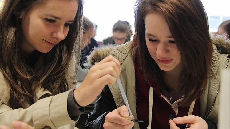 Spannend: Die Schülerinnen Ella Kamp und Nina Hähnlein aus der Jakob-Kaiser-Realschule lassen einen Wassertropfen auf die Nano-Rußschicht fallen.  Fotos: Gerd Schaar