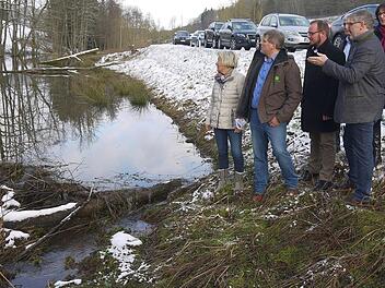 Nasse Flächen und Bäume, die auf die Straße fallen können: Der Biberbau neben der alten B4 bei Rottenbach war  Thema einer Ortsbesichtigung  im Vorfeld der "politischen Schlachtschüssel" beim Bayerischen Bauernverband.  Unter anderem diskutierten Heidi Bauersachs, Martin Florschütz, Sebastian Straubel, Hans Rebelein (verdeckt), Michael Busch und Christine Heider (von links).Berthold Köhler