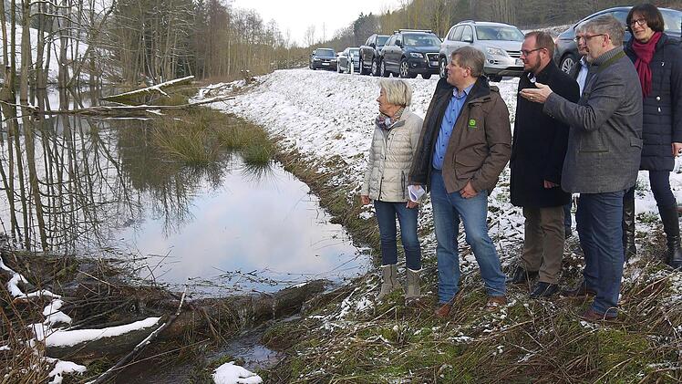 Nasse Flächen und Bäume, die auf die Straße fallen können: Der Biberbau neben der alten B4 bei Rottenbach war  Thema einer Ortsbesichtigung  im Vorfeld der "politischen Schlachtschüssel" beim Bayerischen Bauernverband.  Unter anderem diskutierten Heidi Bauersachs, Martin Florschütz, Sebastian Straubel, Hans Rebelein (verdeckt), Michael Busch und Christine Heider (von links).Berthold Köhler