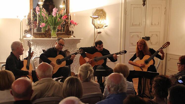 Das internationale Gitarrenquartett "Take Four" mit Pia Grees, Johan Fostier, Giorgio Albiani und Luc Vander Borght bei ihrem Auftritt in Mitwitz Foto: Mariell Dörrschmidt