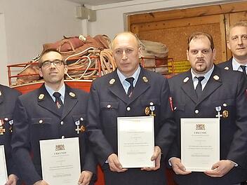 Hohe Ehrungen mit staatlichen Ehrenzeichen in Gold und Silber gab es bei der FF Eila (von links): KBR Joachim Ranzenberger, KBM Klaus Dressel, Clemens Wicklein (Erster Kommandant), Jörg Blinzler, Werner Wich, Matthias Löwel, Stefan Welscher (Erster Vorsitzender), Zweiter Bürgermeister Wolfgang Förtsch, Landrat Klaus Löffler.  Foto: K.- H. Hofmann