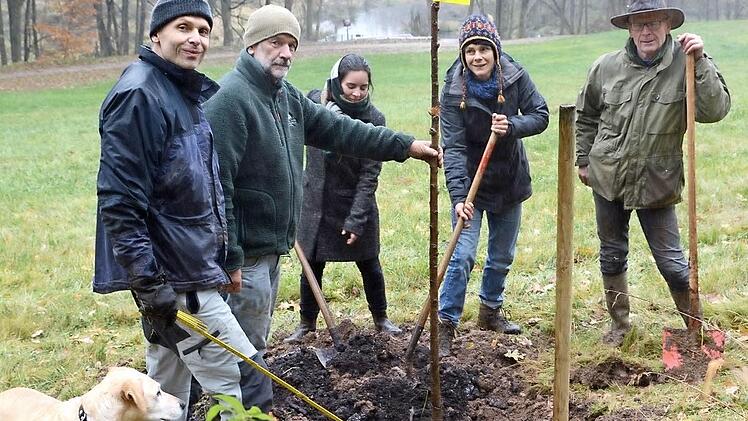BN-Aktive pflanzen selten geworden Kirschsorten an der Sinn. Von links: Claus Schenk, Robert Hildmann, Larissa Renninger, Eva Reichert-Nelkenstock und Franz Zang. Foto: Elsabeth Assmann