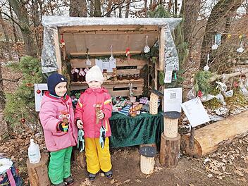 Alva und Marie bieten im Waldkindergarten nicht nur ihre Tannenzapfenmännchen zum Verkauf an.  Foto: privat