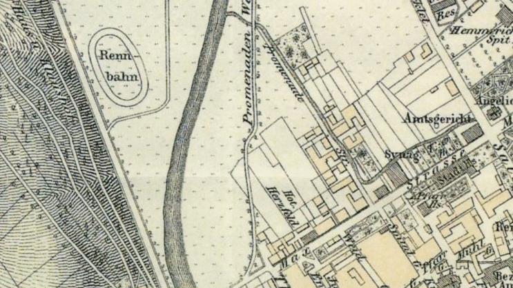 Auf diesem Plan von 1906 ist die Lage der Rennbahn in der Au sehr gut eingezeichnet. Dieser Plan-Ausschnitt aus einem Grieben-Reiseführer ist unter anderem abgedruckt im Buch "1200 Jahre Bad Kissingen".  Foto: Repro Hermann Schober