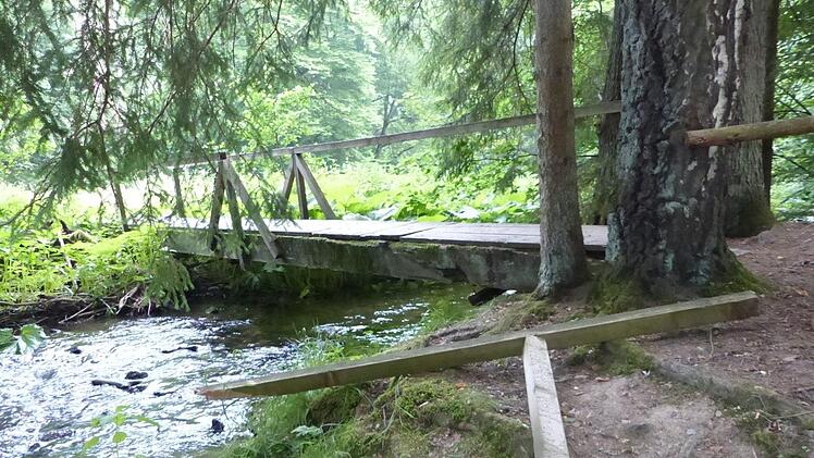 Mit brachialer Gewalt ist das Geländer der Rehbachbrücke an der Hübnersmühle abgerissen worden. Es muss jetzt von den ehrenamtlichen Kräften des Frankenwaldvereines Grafengehaig kurzfristig wieder repariert werden.  Foto: Klaus-Peter Wulf