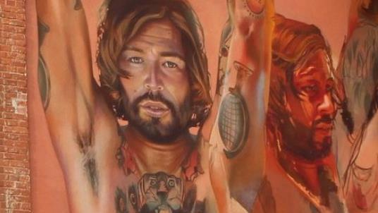 Männliche Person, sich drehend, aus fünf Perspektiven: Derzeit arbeitet  Street-Art-Künstler Case Maclaim an einem imposanten Wandgemälde in Erlangen.  Foto: Christian Bauriedel