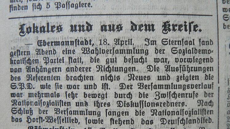 Bericht über die SPD-Versammlung vom 17.04.1923 in Ebermannstadt im Wiesent-Boten vom 18.04.1932 (Repro Franze).