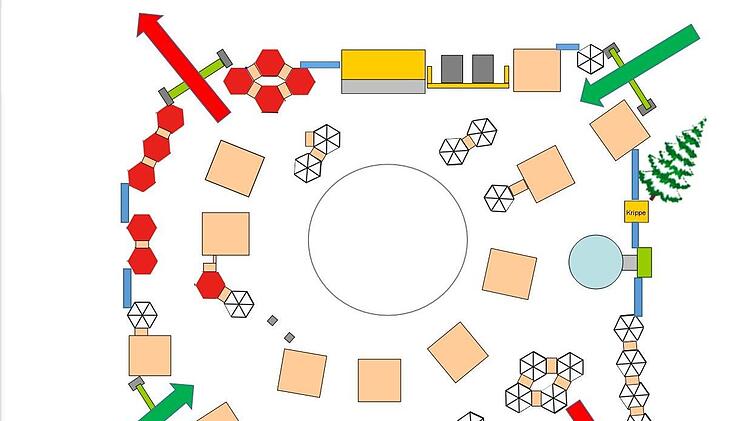 So soll es mit dem Coburger Weihnachtsmarkt 2021 klappen: Die grünen Pfeile zeigen die Eingänge an den Ecken Spital- und Ketschengasse, die roten die Ausgänge an den Ecken Herrn- und Rosengasse. Die hellblauen Striche markieren Bauzäune, die  weihnachtlich dekoriert werden sollen.
