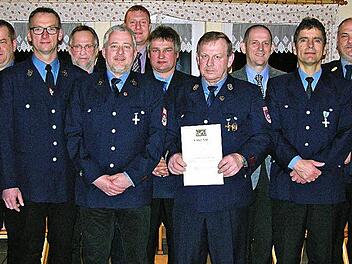 Mit Feuerwehr-Ehrenzeichen und Ärmelstreifen wurden diese Mitglieder der Feuerwehr Sonnefeld für zehn- bis 40-jährige ehrenamtliche Einsatzbereitschaft gewürdigt.  Foto: Klaus Oelzner
