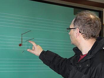 Mit der Hand malt Konrektor Marco Genzler Noten auf den interaktiven Bildschirm. Foto: Ulrike Müller