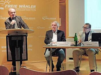 Nachdenklich Mienen bei den Freien W&auml;hlern, wenn es um TTIP und CETA geht. Im Point Center diskutierten (von links) MdL Dr. Hans J&uuml;rgen Fahn, Professor Heribert Schmitz und Karl Ilgenfritz &uuml;ber die Freihandelsabkommen.  Foto: Stefan Kritzer