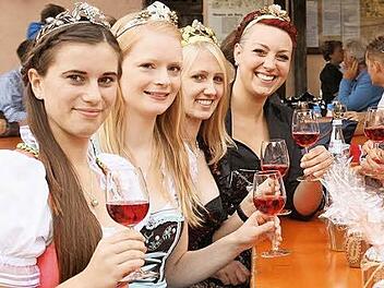Auf dem Neuseser Weinfest wimmelte es am Freitagabend nur so von schönen Weinhoheiten. Gemeinsam stießen sie auf einen schönen Sommerabend an. Foto: Alfred Molitor