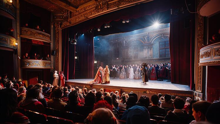 Actors in full costumes entertain an engaged audience, creating a captivating atmosphere in the historic theater during a live performance. Generative AI