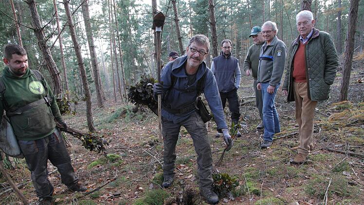 Junge Buchenpflanzen werden im Wald von Hannfried Graf von Bentzel (r.) eingesetzt. Die Förster Matthias Jessen (2. v. r.) und Matthias Koch (4. v. r.) begleiten die Aktion. Foto:   Mathias Erlwein