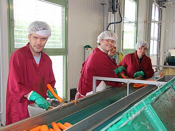 Mitarbeiter am Karottenschälband. Fotos: Sabine Paulus