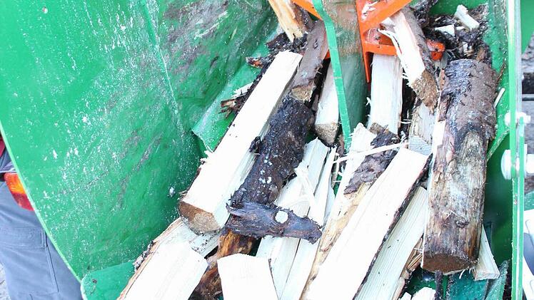 Ein hydraulischer Stempel drückt die Holzklötze durch den Spaltstern (beide in orange). Foto: Friedwald Schedel