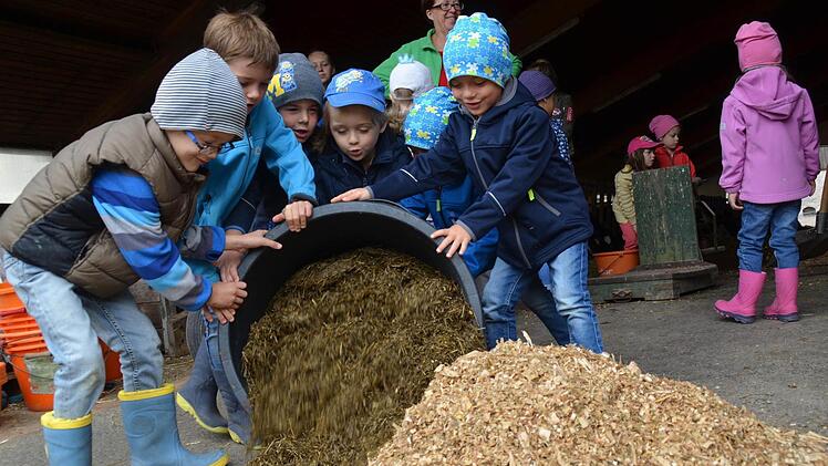 Besonders die Jungs sind begeistert, Norbert Götz helfen zu dürfen. Hier kippen sie eine Tonne mit siliertem Gras aus.  Foto: Kathrin Kupka-Hahn