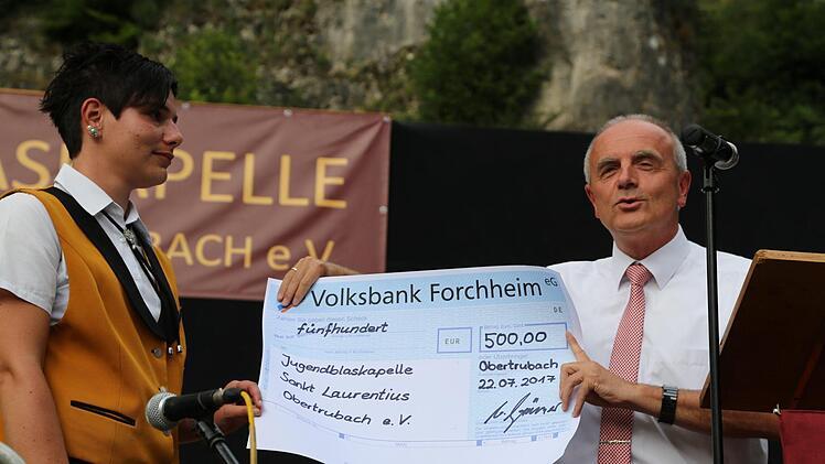 Bürgermeister Grüner übergibt einen Scheck.