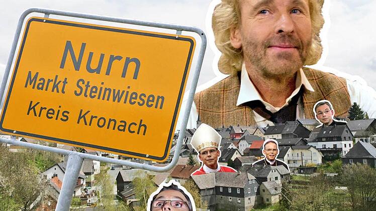 Im Oktober 2013 versetzt Thomas Gottschalk den Frankenwald in Aufruhr. Er macht sich bei seiner Radiosendung "Bayern 3-Kultabend" einen Spaß und sagt, dass der Limburger "Protzbischof" Tebartz-van Elst im kleinen Ort Nurn Asyl gefunden habe. Am nächsten Tag klärt er mit einem Anruf beim Fränkischen Tag in Kronach alles auf. Gottschalk kennt sich in Nurn gut aus, wo er von seinem Patenonkel, Pfarrer Hans Seifert, getraut worden ist. Fotomontage: Fränkischer Tag