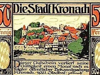 Ein Geldschein der Stadt Kronach über 50 Pfennig von 1921. Es war die Zeit der Hyperinflation, in der die Städte eigene Geldgutscheine herausbrachten, weil der Geldwert binnen Tagen rasant fiel.  Repro: K.-H. Hofmann