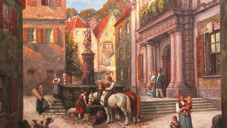 Nächste Woche wird in Bayreuth unter anderem das Gemälde "Der Zinsfelder-Brunnen am Rathaus in Kulmbach von Michel Weiß 1932" versteigert. Repro: BR