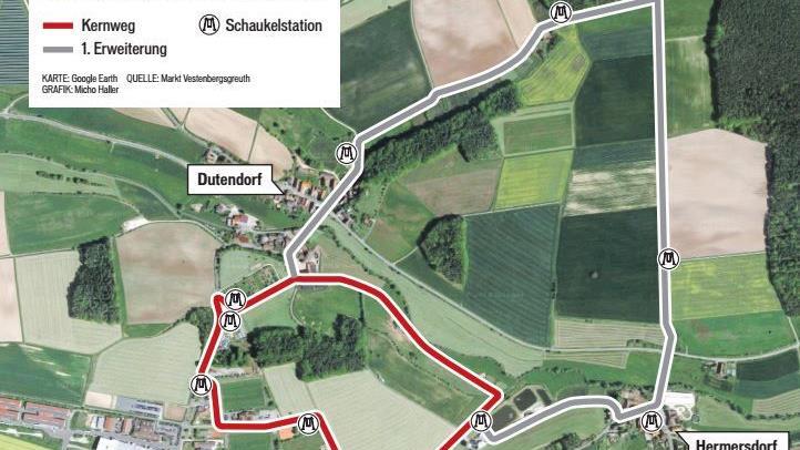 Hier verläuft - rot markiert - der erste Abschnitt des Schaukelwegs. Eingezeichnet ist in Grau auch die erste Erweiterung, eine zweite ist weiter im Osten möglich.
