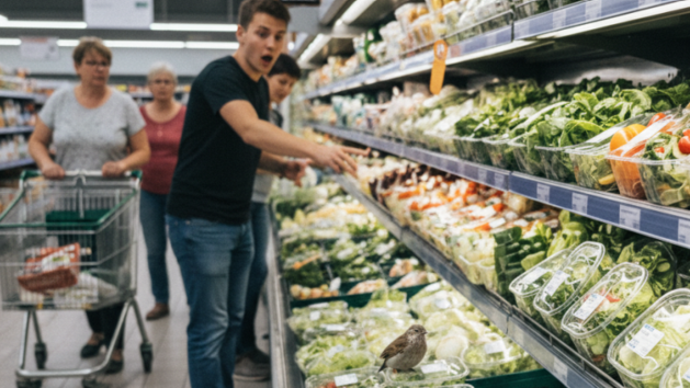 Vogel bei Rewe, Salatregal, Vogel im Salat
