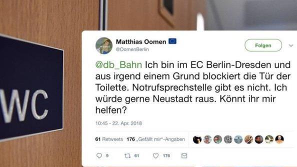 Grünen-Politiker Matthias Oomen (36) saß auf der Toilette eines DB-Zuges fest. Er meldete sich via Twitter.  Foto: Secreenshot/twitter.com/OomenBerlin