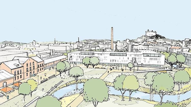 So könnte der Campus Kulmbach idealerweise aussehen: Der Main wird nach Norden verlegt, das alte Güterbahnhofsgebäude (links) bleibt als Mensa erhalten, die Universitätsgebäude (Mitte + rechts) schließen den Campus zur Fritz-Kreuzung ab, die mit einem Fußgängersteg überbrückt wird.  Grafik: Büro Schirmer