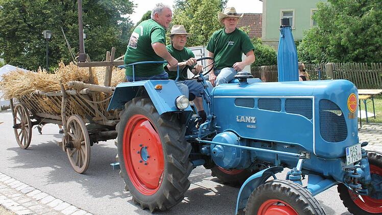 Das Fierster Dreschteam fährt die Garben für die Dreschvorführung vor.